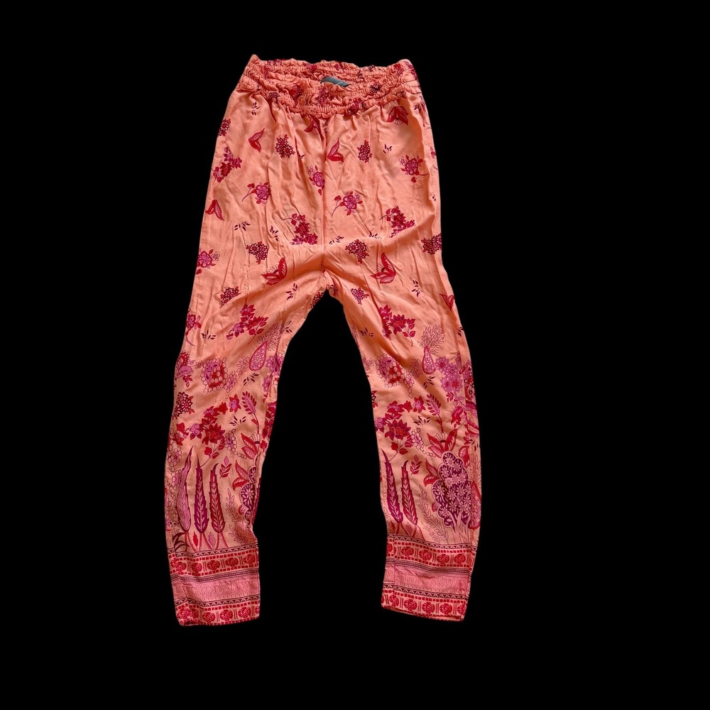Anthropologie Floral Paisley Smocked Waist Jogger Pants Coral Pink XXSP